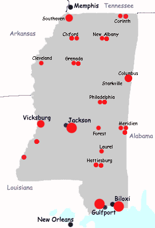 Accommodations Mississippi inc Biloxi, gulf coast and Jackson map